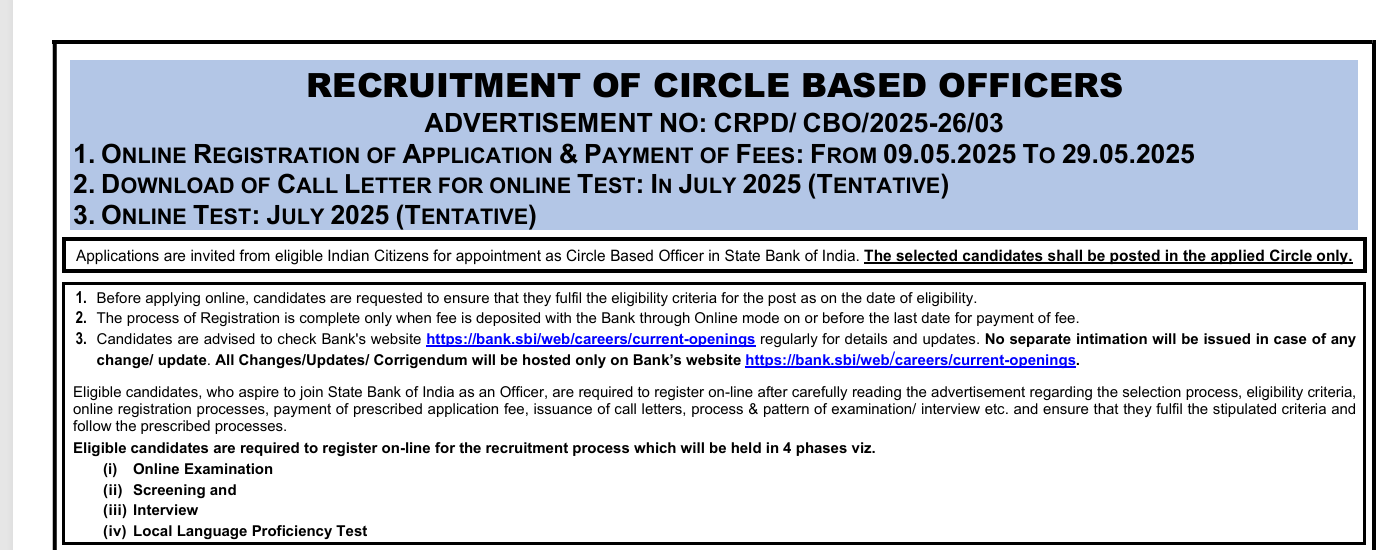 SBI Circle Based Officer (CBO) Recruitment 2025